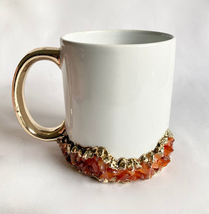 Set of 2 |Personalised White and Gold Ceramic Big Coffee/Tea/Juice/Beverage Mug with Red Semi-precious Agate Crystal Gemstones | 13 oz/385ml