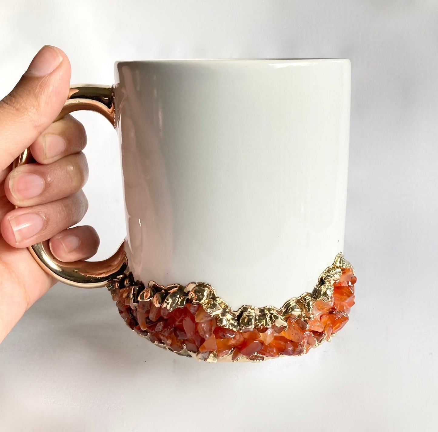 Set of 2 |Personalised White and Gold Ceramic Big Coffee/Tea/Juice/Beverage Mug with Red Semi-precious Agate Crystal Gemstones | 13 oz/385ml