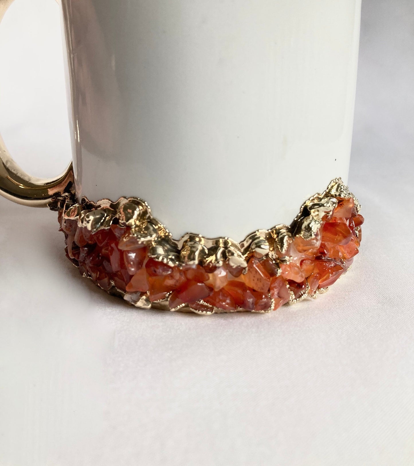 Set of 2 |Personalised White and Gold Ceramic Big Coffee/Tea/Juice/Beverage Mug with Red Semi-precious Agate Crystal Gemstones | 13 oz/385ml