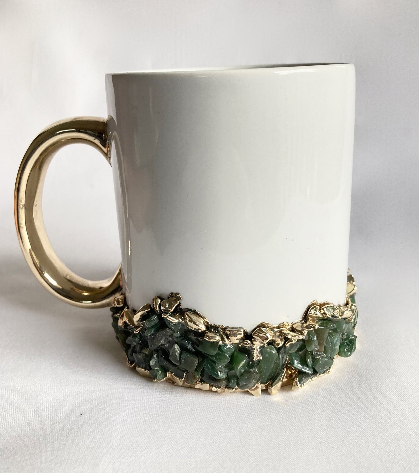 Set of 2| Personalised White ,Gold Ceramic Big Coffee/Tea/Juice/Beverage Mug, Dark Green Semi-precious Agate Crystal Gemstones | 13 oz/385ml