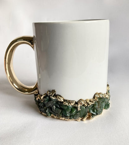 Set of 2| Personalised White ,Gold Ceramic Big Coffee/Tea/Juice/Beverage Mug, Dark Green Semi-precious Agate Crystal Gemstones | 13 oz/385ml