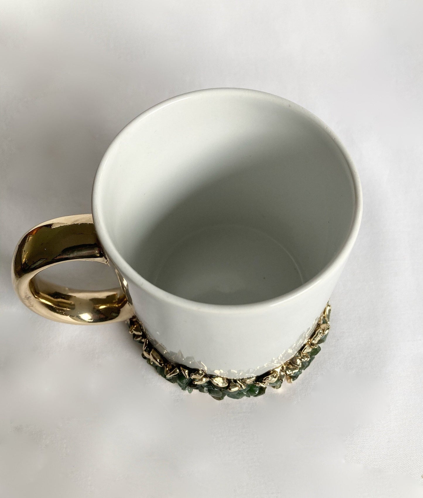 Set of 2| Personalised White ,Gold Ceramic Big Coffee/Tea/Juice/Beverage Mug, Dark Green Semi-precious Agate Crystal Gemstones | 13 oz/385ml