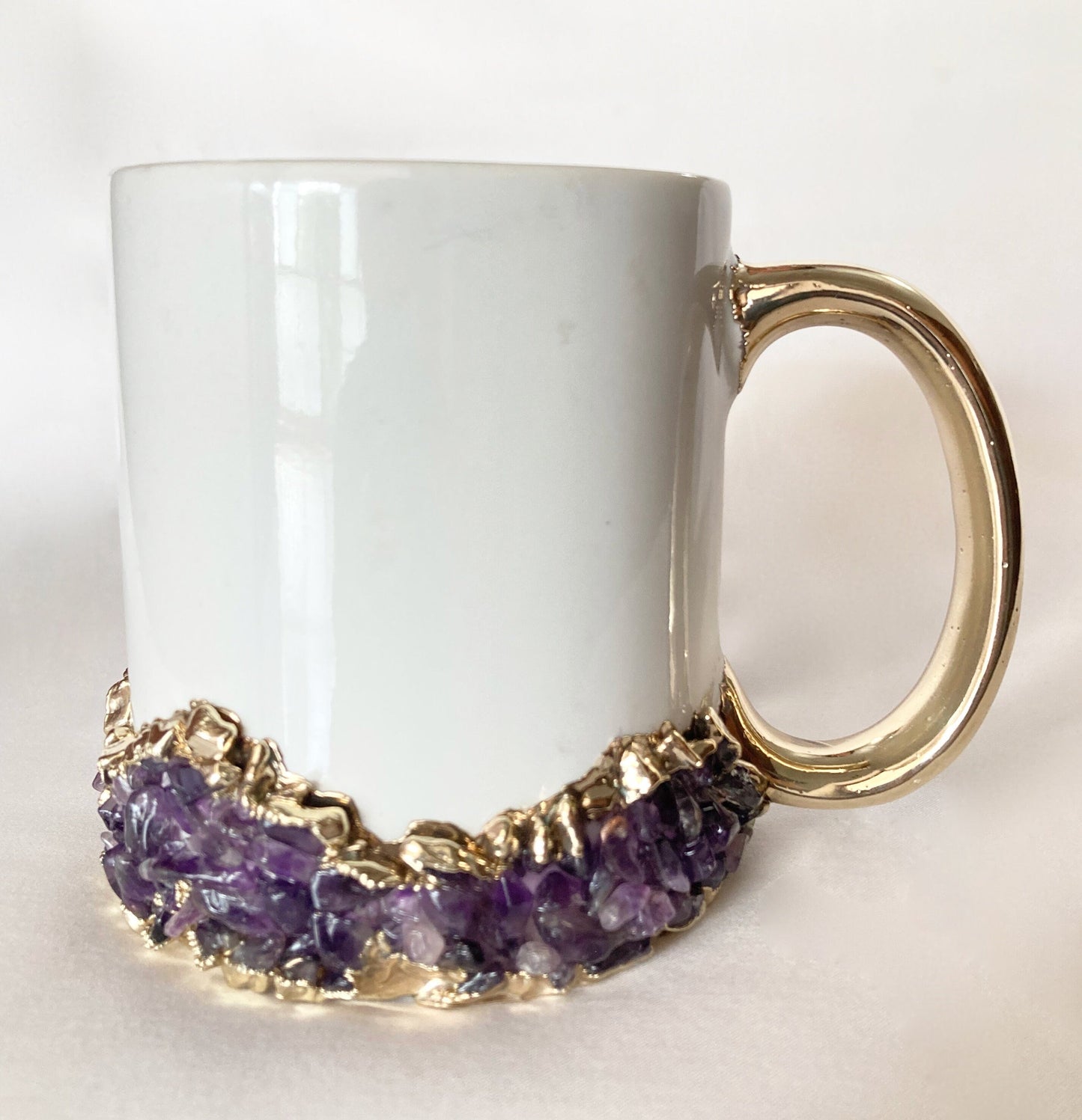 Set of 2 |Personalised White and Gold Ceramic Big Coffee/Tea/Juice Mug with Purple Amethyst Semi-precious Agate Crystal | 13 oz/385ml