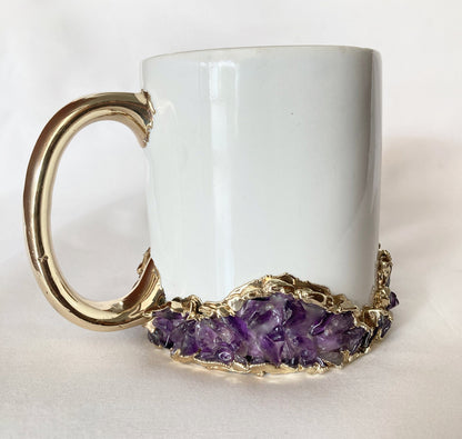 Set of 2 |Personalised White and Gold Ceramic Big Coffee/Tea/Juice Mug with Purple Amethyst Semi-precious Agate Crystal | 13 oz/385ml