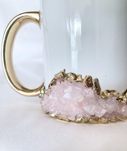 Set of 2 |Personalised White and Gold Ceramic Big Coffee/Tea/Juice/Beverage Mug with Rose Quartz Semi-precious Agate Crystal | 13 oz/385ml