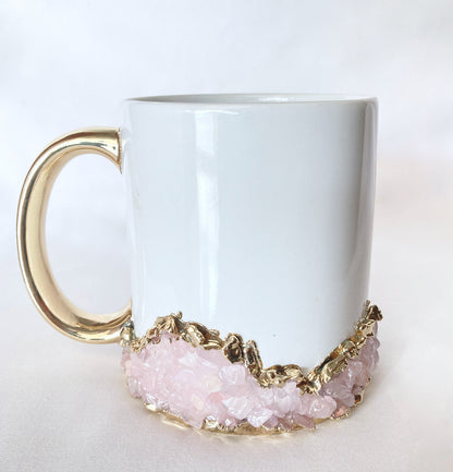 Set of 2 |Personalised White and Gold Ceramic Big Coffee/Tea/Juice/Beverage Mug with Rose Quartz Semi-precious Agate Crystal | 13 oz/385ml