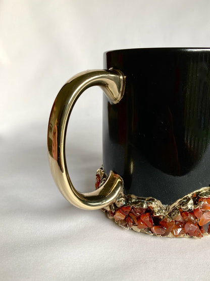 Set of 2 |Personalised Black and Gold Ceramic Big Coffee/Tea/Juice/Beverage Mug with Red Semi-precious Agate Crystal Gemstones | 13 oz/385ml