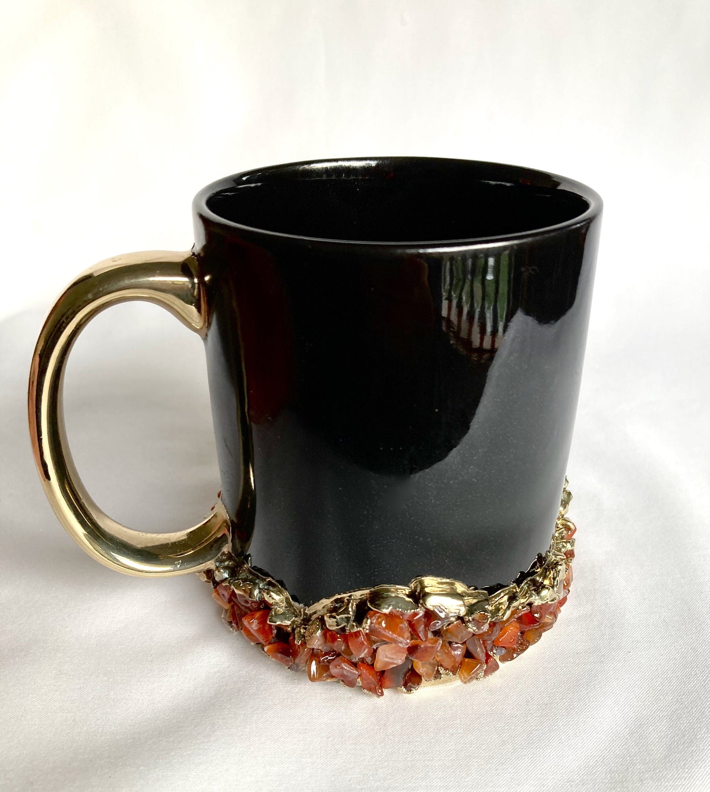 Set of 2 |Personalised Black and Gold Ceramic Big Coffee/Tea/Juice/Beverage Mug with Red Semi-precious Agate Crystal Gemstones | 13 oz/385ml