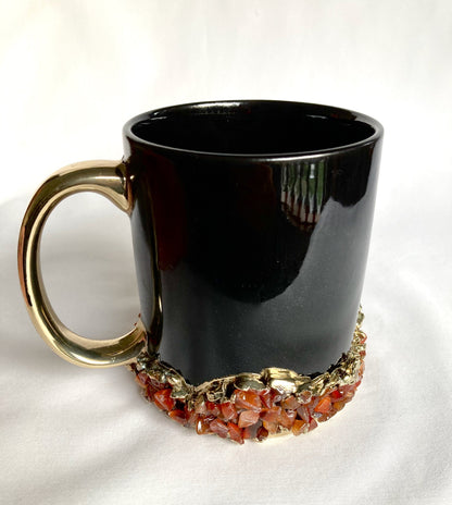 Set of 2 |Personalised Black and Gold Ceramic Big Coffee/Tea/Juice/Beverage Mug with Red Semi-precious Agate Crystal Gemstones | 13 oz/385ml