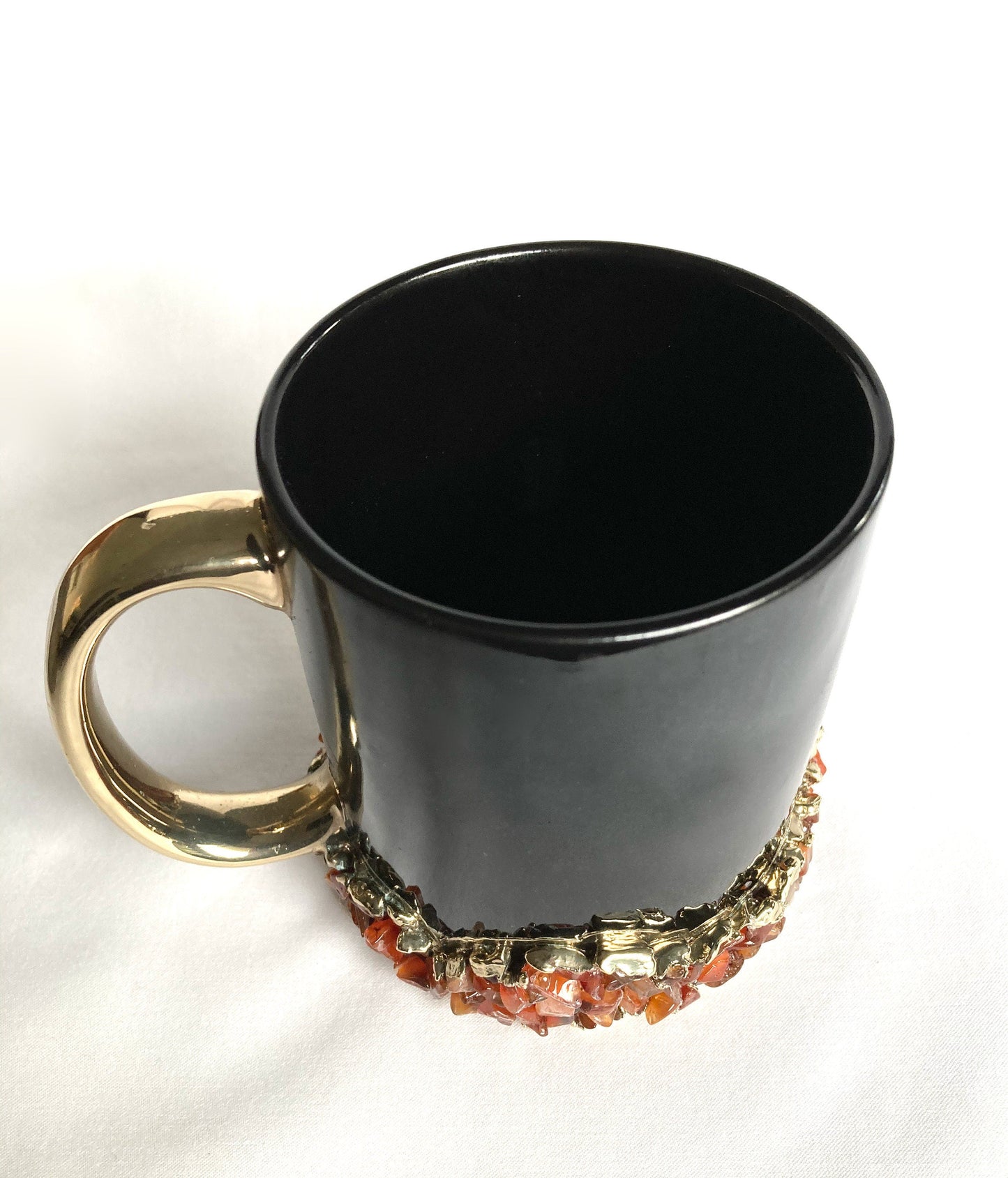 Set of 2 |Personalised Black and Gold Ceramic Big Coffee/Tea/Juice/Beverage Mug with Red Semi-precious Agate Crystal Gemstones | 13 oz/385ml