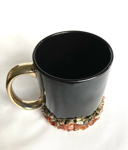 Set of 2 |Personalised Black and Gold Ceramic Big Coffee/Tea/Juice/Beverage Mug with Red Semi-precious Agate Crystal Gemstones | 13 oz/385ml