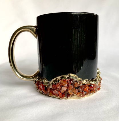 Set of 2 |Personalised Black and Gold Ceramic Big Coffee/Tea/Juice/Beverage Mug with Red Semi-precious Agate Crystal Gemstones | 13 oz/385ml