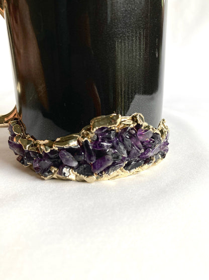 Set of 2 |Personalised Black ,Gold Ceramic Big Coffee/Tea/Juice Mug with Purple Amethyst Semi-precious Agate Crystal Gemstones | 13 oz/385ml