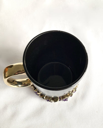 Set of 2 |Personalised Black ,Gold Ceramic Big Coffee/Tea/Juice Mug with Purple Amethyst Semi-precious Agate Crystal Gemstones | 13 oz/385ml