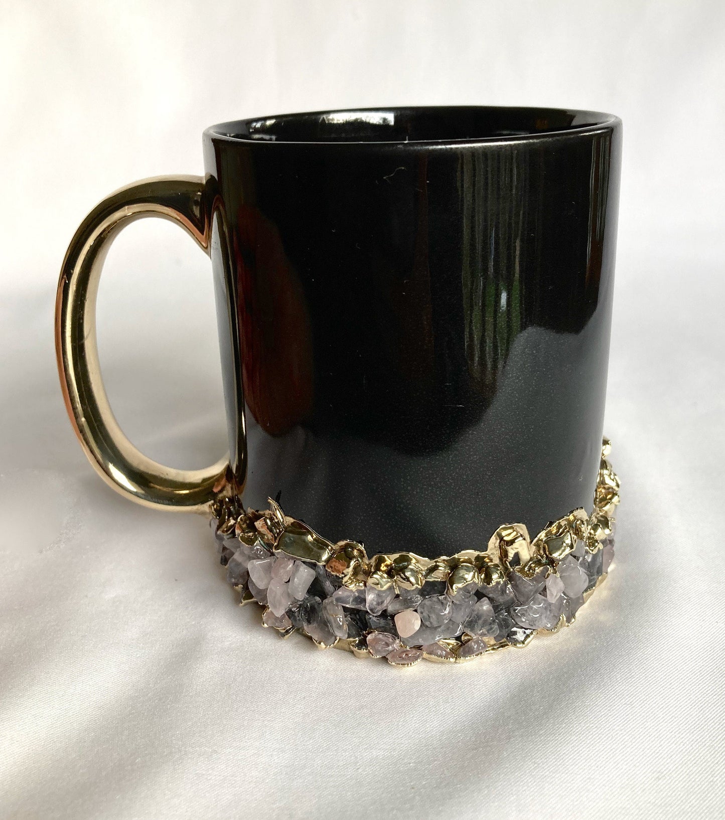 Set of 2| Personalised Black, Gold Ceramic Big Coffee/Tea/Juice/Beverage Mug,Rose Quartz Semi-precious Agate Crystal Gemstones | 13 oz/385ml