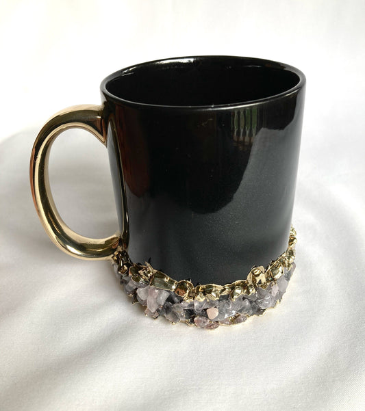 Set of 2| Personalised Black, Gold Ceramic Big Coffee/Tea/Juice/Beverage Mug,Rose Quartz Semi-precious Agate Crystal Gemstones | 13 oz/385ml