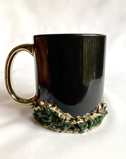Set of 2 |Personalised Black and Gold Ceramic Big Coffee/Tea/Juice/Beverage Mug with Dark Green Semi-precious Agate Crystal | 13 oz/385ml