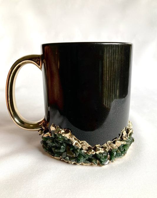 Set of 2 |Personalised Black and Gold Ceramic Big Coffee/Tea/Juice/Beverage Mug with Dark Green Semi-precious Agate Crystal | 13 oz/385ml