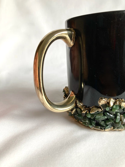 Set of 2 |Personalised Black and Gold Ceramic Big Coffee/Tea/Juice/Beverage Mug with Dark Green Semi-precious Agate Crystal | 13 oz/385ml