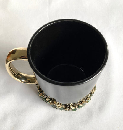 Set of 2 |Personalised Black and Gold Ceramic Big Coffee/Tea/Juice/Beverage Mug with Dark Green Semi-precious Agate Crystal | 13 oz/385ml