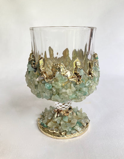 Set of 2 |Crystal Wine Glasses with Gold Plated Light Green Agate/Quartz Semi-precious Crystals | 7 oz/210 ml