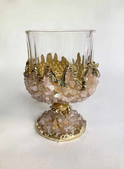Set of 2 |Crystal Wine Glasses with Gold Plated Rose Quartz Agate/Quartz Semi-precious Crystals | 7 oz/210 ml