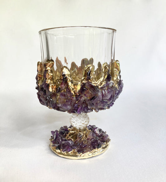 Set of 2 |Crystal Wine Glasses with Gold Plated Purple Amethyst Agate/Quartz Semi-precious Crystals | 7 oz/210 ml