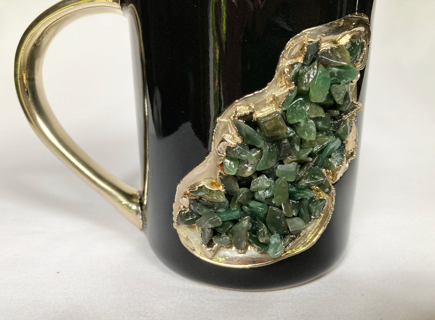 Set of 2 |Black and Gold Ceramic Big Coffee/Tea/Juice/Beverage Mug with Dark Green Semi-precious Agate Crystal | 12 oz/355 ml
