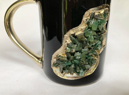 Set of 2 |Black and Gold Ceramic Big Coffee/Tea/Juice/Beverage Mug with Dark Green Semi-precious Agate Crystal | 12 oz/355 ml