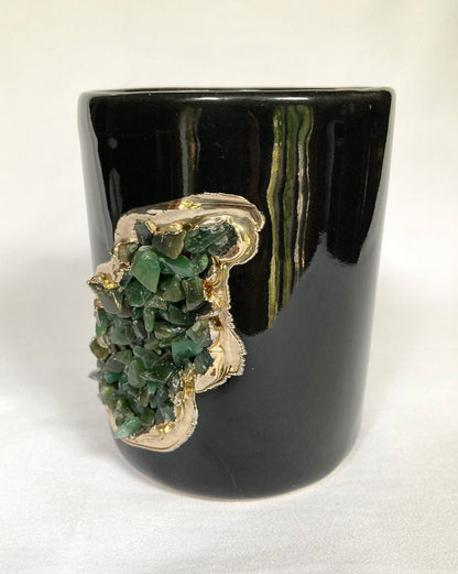 Set of 2 |Black and Gold Ceramic Big Coffee/Tea/Juice/Beverage Mug with Dark Green Semi-precious Agate Crystal | 12 oz/355 ml
