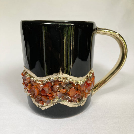 Set of 2 |Black and Gold Ceramic Big Coffee/Tea/Juice/Beverage Mug with Red Semi-precious Agate Crystal | 12 oz/355 ml