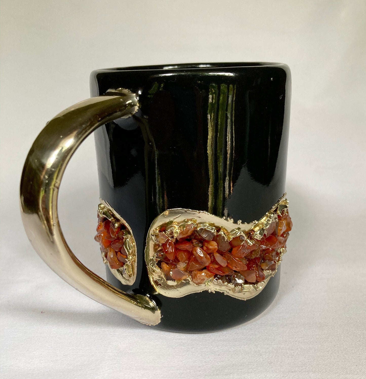 Set of 2 |Black and Gold Ceramic Big Coffee/Tea/Juice/Beverage Mug with Red Semi-precious Agate Crystal | 12 oz/355 ml