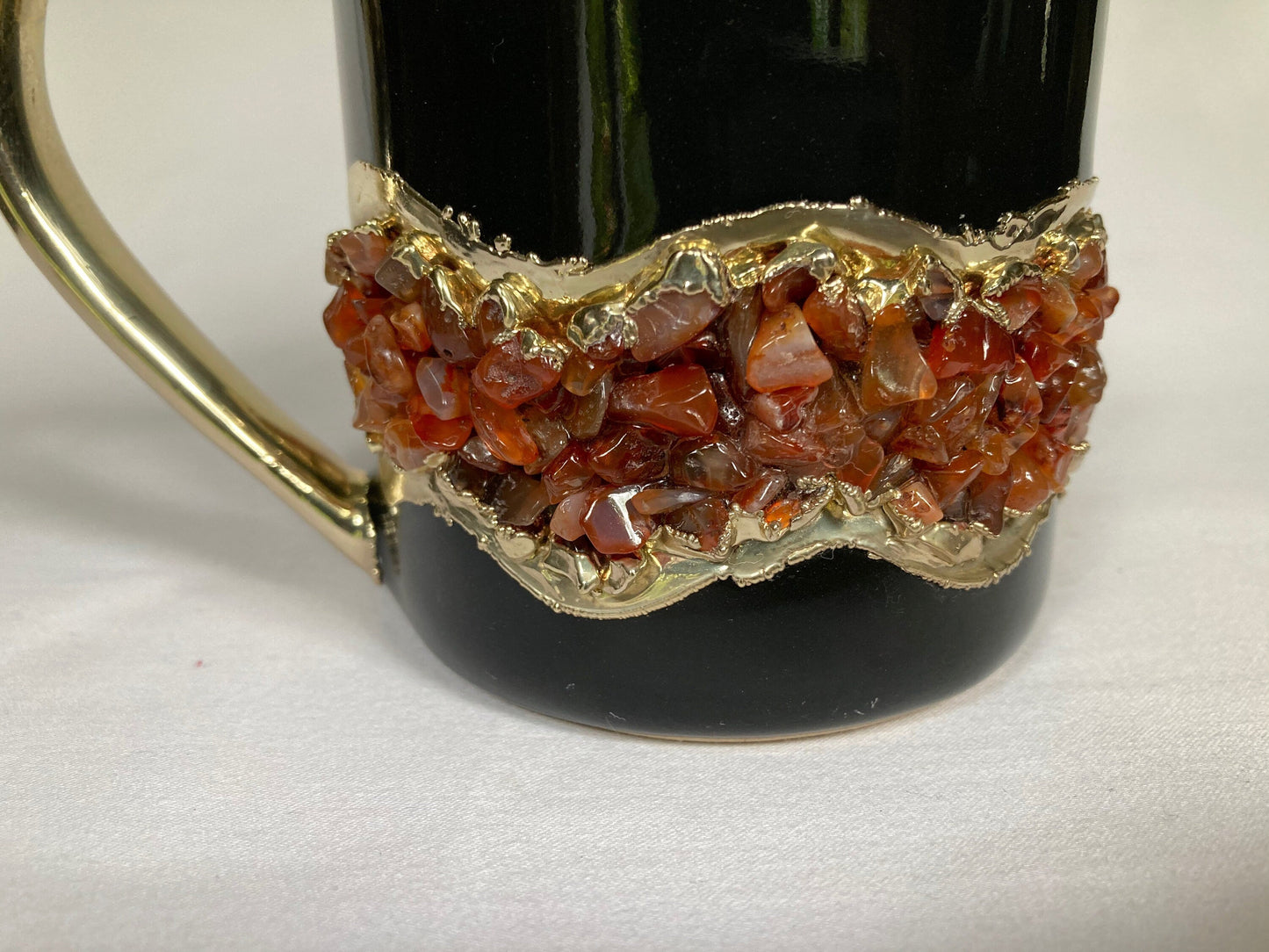 Set of 2 |Black and Gold Ceramic Big Coffee/Tea/Juice/Beverage Mug with Red Semi-precious Agate Crystal | 12 oz/355 ml