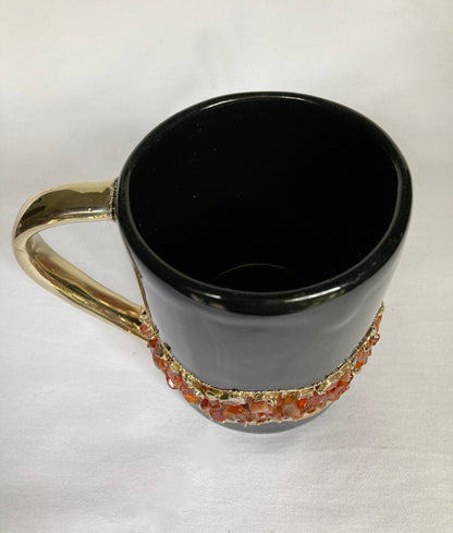 Set of 2 |Black and Gold Ceramic Big Coffee/Tea/Juice/Beverage Mug with Red Semi-precious Agate Crystal | 12 oz/355 ml