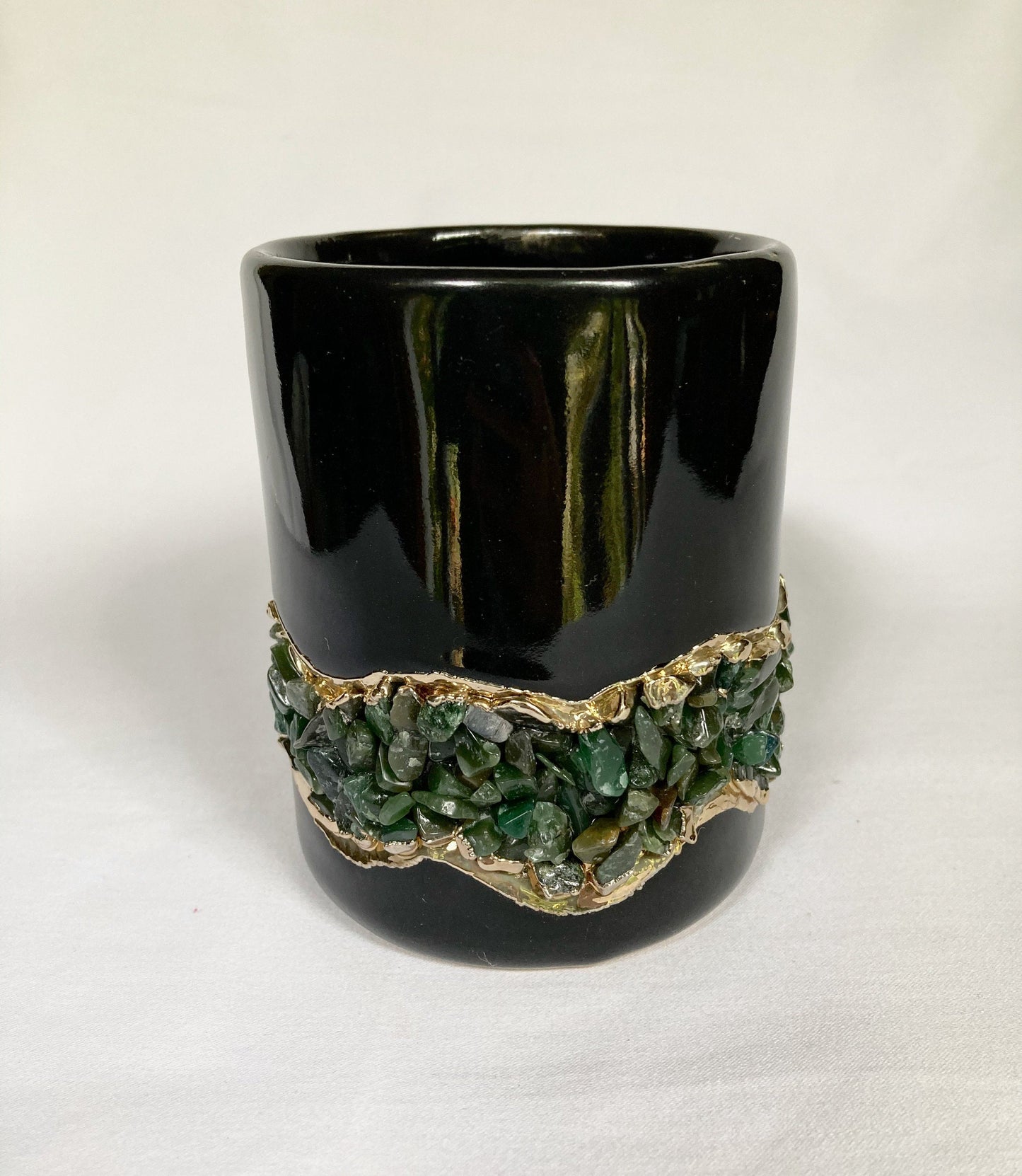 Set of 2 |Set of 2 | Black and Gold Ceramic Big Coffee/Tea/Juice/Beverage Mug with Dark Green Semi-precious Agate Crystal | 12 oz/355 ml