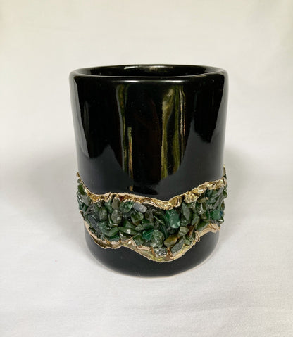 Set of 2 |Set of 2 | Black and Gold Ceramic Big Coffee/Tea/Juice/Beverage Mug with Dark Green Semi-precious Agate Crystal | 12 oz/355 ml