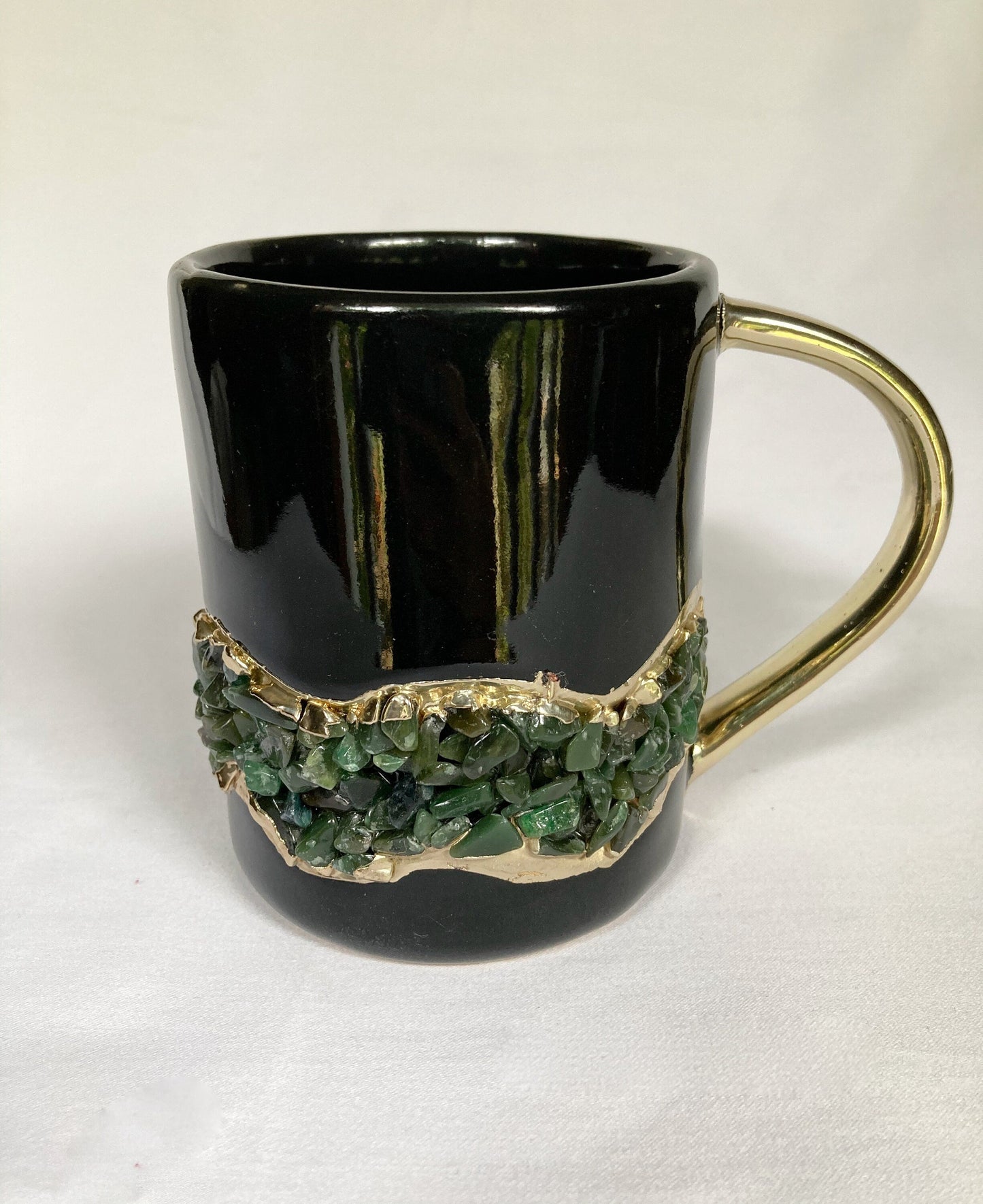 Set of 2 |Set of 2 | Black and Gold Ceramic Big Coffee/Tea/Juice/Beverage Mug with Dark Green Semi-precious Agate Crystal | 12 oz/355 ml