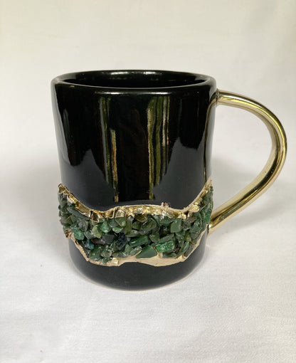 Set of 2 |Set of 2 | Black and Gold Ceramic Big Coffee/Tea/Juice/Beverage Mug with Dark Green Semi-precious Agate Crystal | 12 oz/355 ml