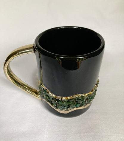 Set of 2 |Set of 2 | Black and Gold Ceramic Big Coffee/Tea/Juice/Beverage Mug with Dark Green Semi-precious Agate Crystal | 12 oz/355 ml