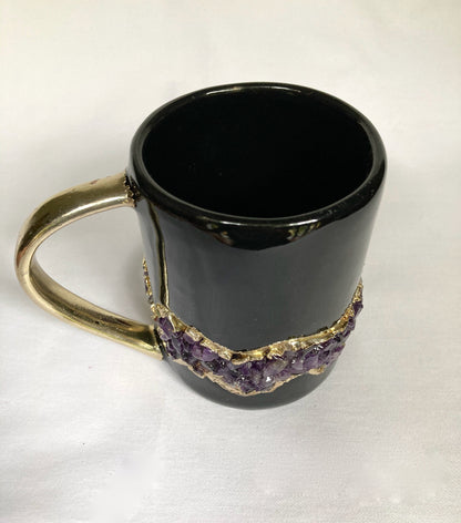 Set of 2 |Black and Gold Ceramic Big Coffee/Tea/Juice/Beverage Mug with Amethyst Semi-precious Agate Crystal | 12 oz/355 ml