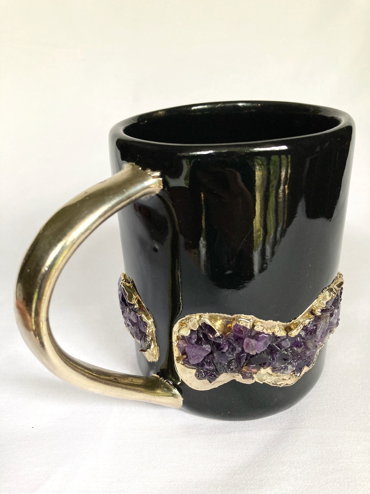 Set of 2 |Black and Gold Ceramic Big Coffee/Tea/Juice/Beverage Mug with Amethyst Semi-precious Agate Crystal | 12 oz/355 ml