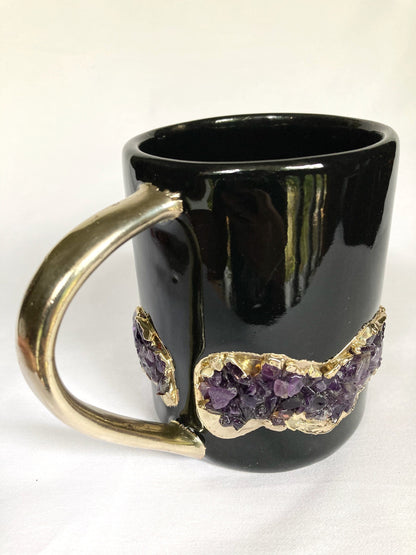 Set of 2 |Black and Gold Ceramic Big Coffee/Tea/Juice/Beverage Mug with Amethyst Semi-precious Agate Crystal | 12 oz/355 ml