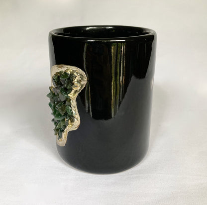 Set of 2 |Black and Gold Ceramic Vase/Planter/Pot/Wine Goblet/Mug/Pen/Pencil Stand with Dark Green Semi-precious Agate Crystal Gemstones