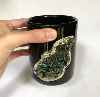 Set of 2 |Black and Gold Ceramic Vase/Planter/Pot/Wine Goblet/Mug/Pen/Pencil Stand with Dark Green Semi-precious Agate Crystal Gemstones