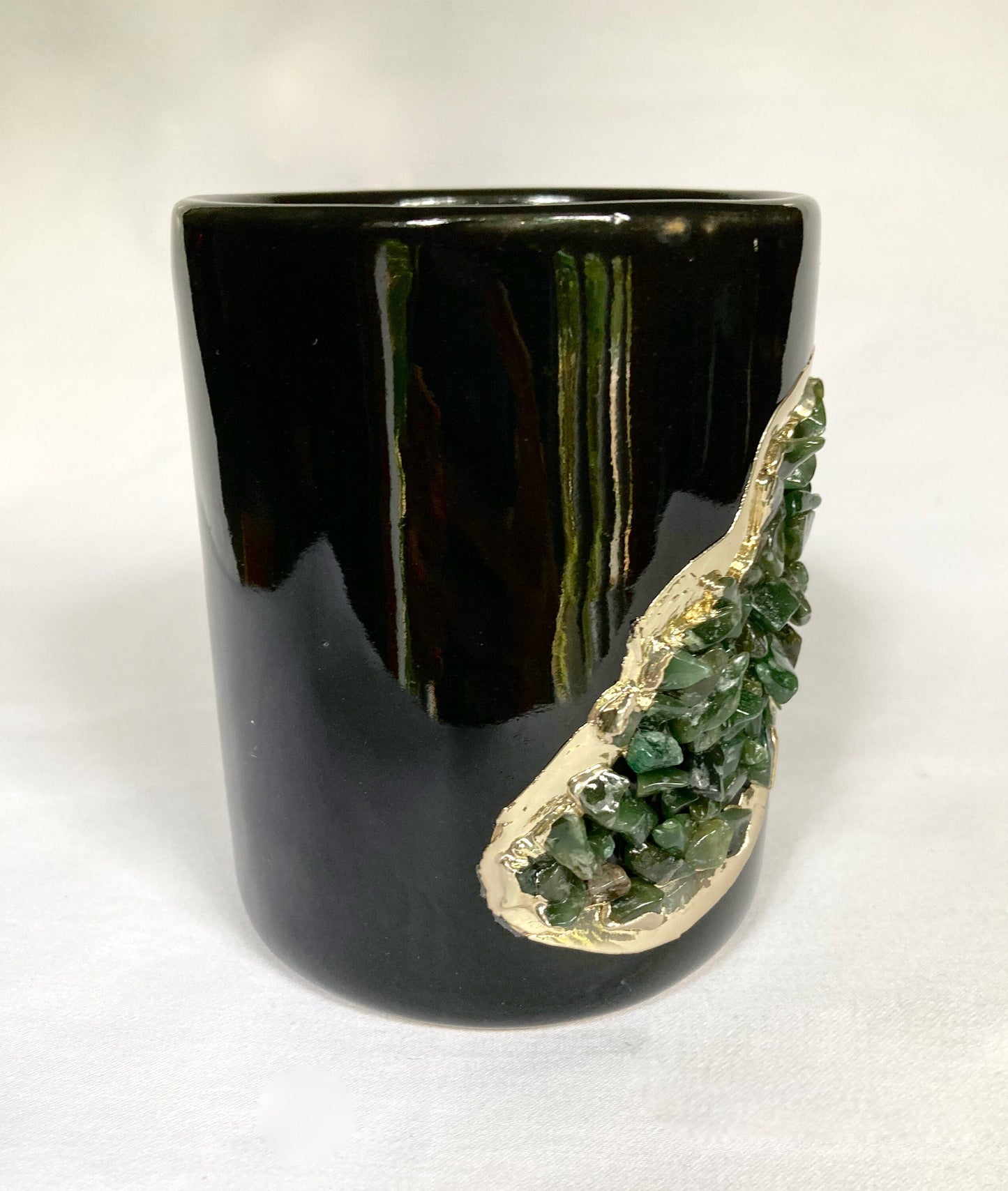 Set of 2 |Black and Gold Ceramic Vase/Planter/Pot/Wine Goblet/Mug/Pen/Pencil Stand with Dark Green Semi-precious Agate Crystal Gemstones