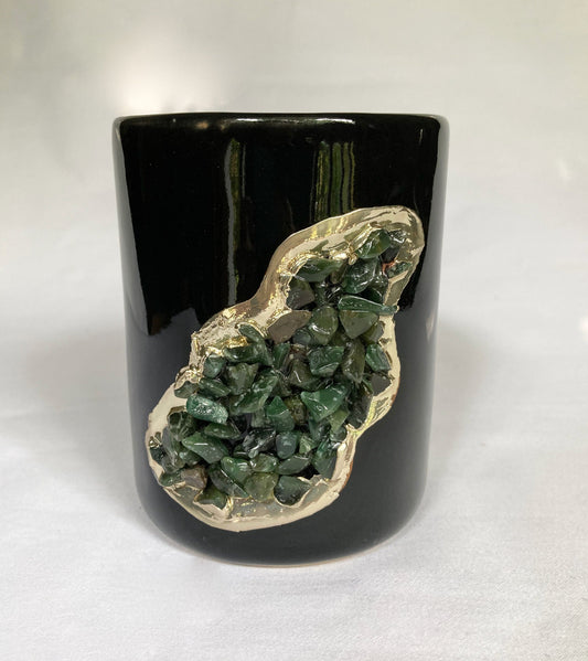 Set of 2 |Black and Gold Ceramic Vase/Planter/Pot/Wine Goblet/Mug/Pen/Pencil Stand with Dark Green Semi-precious Agate Crystal Gemstones