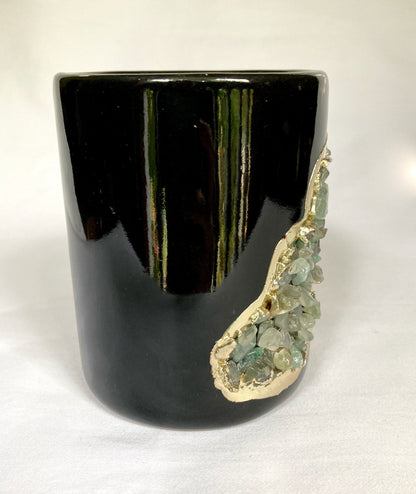 Set of 2 |Black and Gold Ceramic Vase/Planter/Pot/Wine Goblet/Mug/Pen/Pencil Stand with Light Green Semi-precious Agate Crystal Gemstones