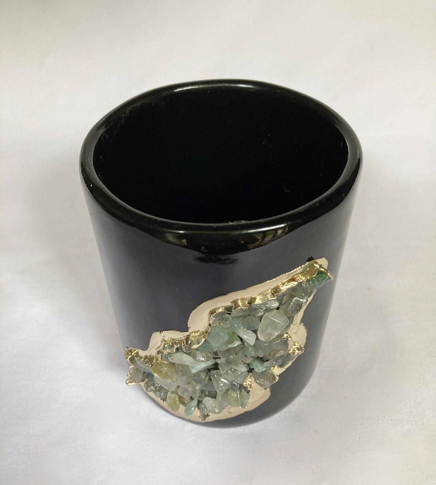 Set of 2 |Black and Gold Ceramic Vase/Planter/Pot/Wine Goblet/Mug/Pen/Pencil Stand with Light Green Semi-precious Agate Crystal Gemstones