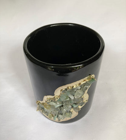 Set of 2 |Black and Gold Ceramic Vase/Planter/Pot/Wine Goblet/Mug/Pen/Pencil Stand with Light Green Semi-precious Agate Crystal Gemstones