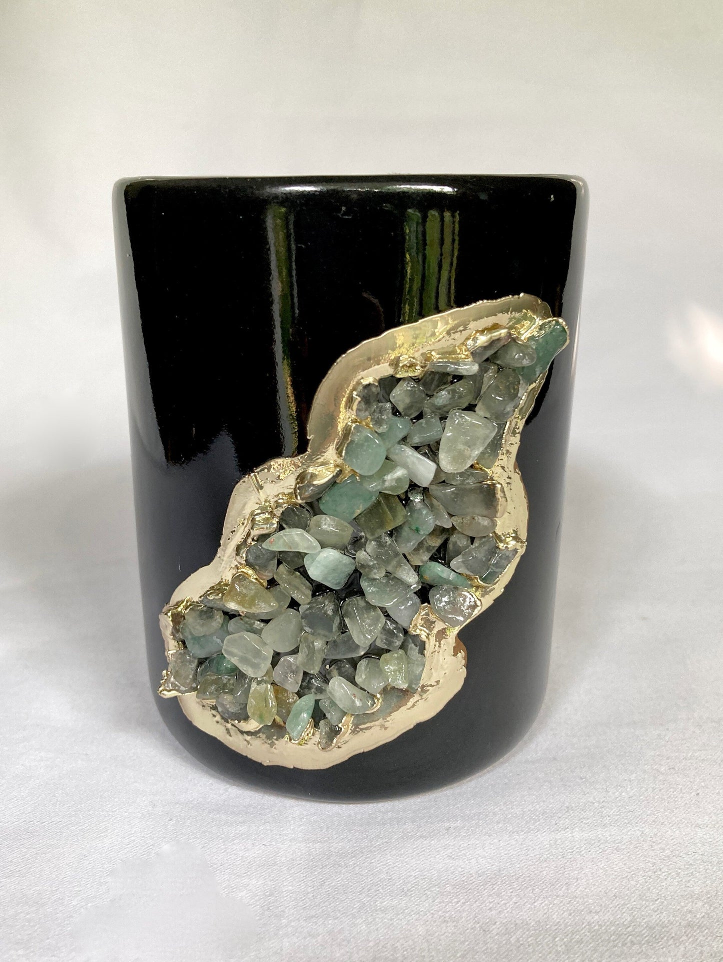 Set of 2 |Black and Gold Ceramic Vase/Planter/Pot/Wine Goblet/Mug/Pen/Pencil Stand with Light Green Semi-precious Agate Crystal Gemstones